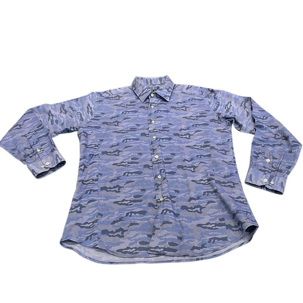 Jared Lang Men's Camo Long Sleeve 100% Cotton Button Up Shirt Blue Gray Large